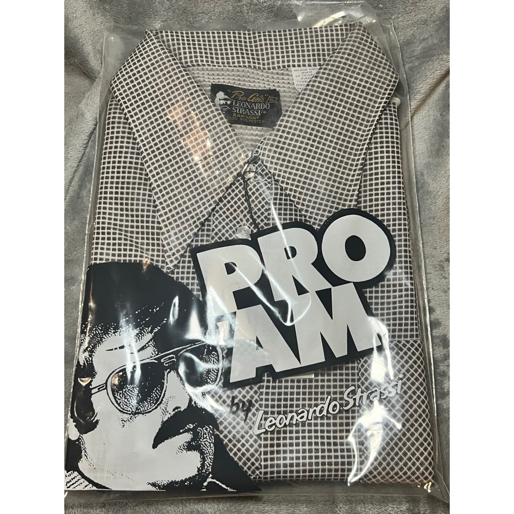Vintage Pro-Am Leonardo Strassi Ban-Lon Shirt XL Brown Check Deadstock 70s Disco